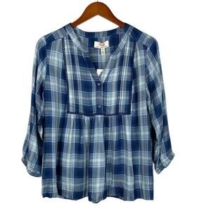 New Wrangler Flannel Peasant Blouse Blue Plaid Top Western Casual Women's S